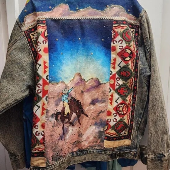 Vintage Jackets & Blazers - Vintage Hand Painted Denim Jacket - Generous Medium - Bronc Rider - NWT Only ONE